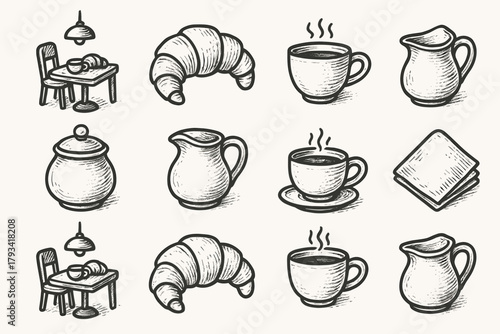Napkin pot set sugar milk jug vector cozy bakery corner coffee icon
