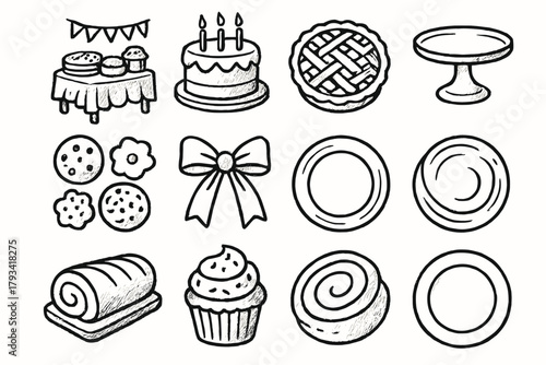 Plate bakery icon pastry vector cake cookies stand set setup ribbon festive