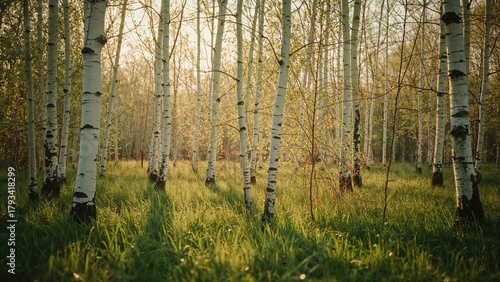 Fototapeta Naklejka Na Ścianę i Meble -  Birch forest in autumn with sunlight filtering through trees and green grass on the ground. Forest landscape and nature scene.