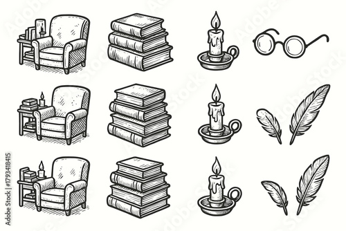 Vector candle books feather spectacles corner vintage icon quill icons stacked reading