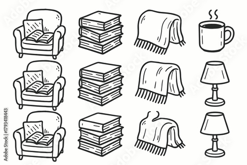 Lamp reading spot cozy vector mug weekend icon icons coffee novels pile