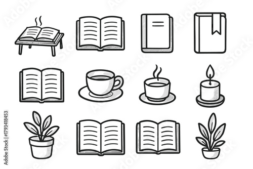 Book bookmark cup icon tea plant vector themed open candle reading pages