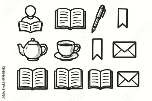 Icon cozy tea pot pen icons pages bookmark quiet vector reading opened