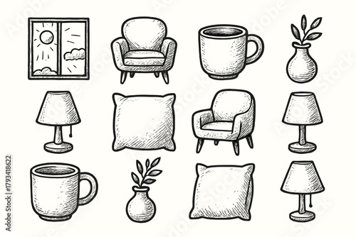 Icon cozy morning room light pillow vector chair setup vase icons mug