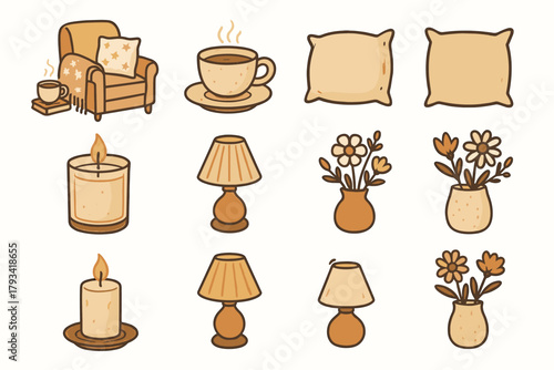 Icon room setup lamp tea flowers candle soft pillow hot vector cozy