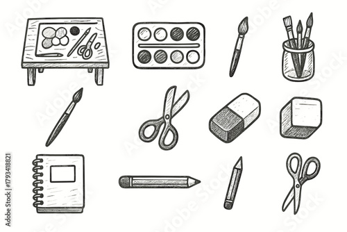 Notebook creative brush layout scissors tools icon icons vector craft eraser table