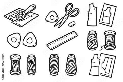 Cutting icon tools ruler pattern craft fabric thread vector setup chalk scissors