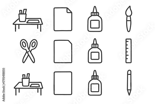 Brush icon bottle paper craft minimalist sheet tools vector workspace scissors glue