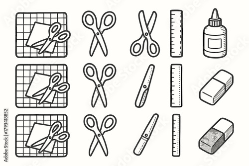Eraser tools craft cutting vector station scissors ruler icon creative doodle icons