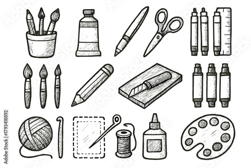 Vector icons craft palette hobby tools color artistic pencil markers icon brushes