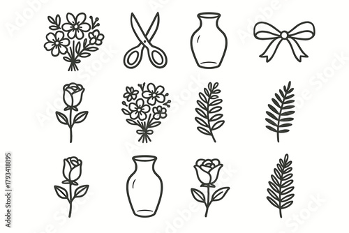 Rose flowers blooming fern icon floral vector ribbon single scissors set vase