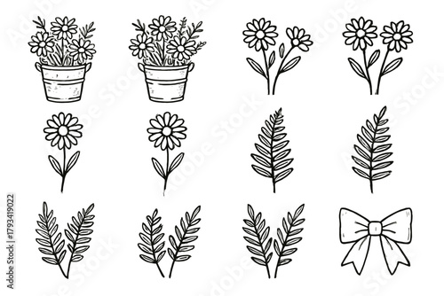 Icon bucket stems rustic floral leaves bow collection vector metal style daisy
