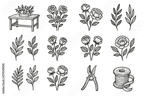 Desk set ribbon florist shears peonies icon roses floral roll vector leaves