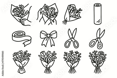 Roll set wrapping moment floral tied shears icon ribbon bouquet flower vector