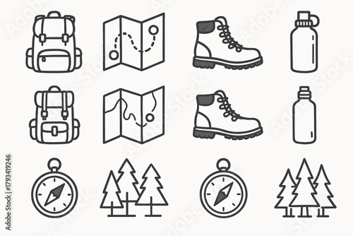Map forest bottle vector hiking trail icon compass trees boots essentials water