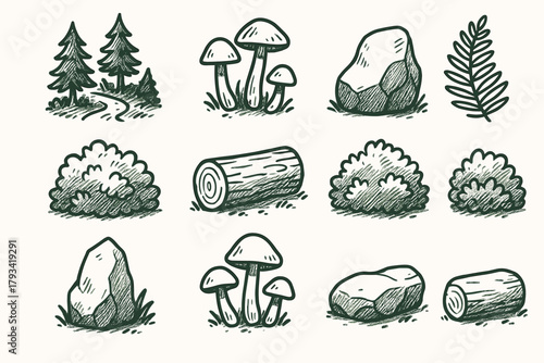 Forest corner trail vector icon icons log peaceful rock fern mushrooms bush