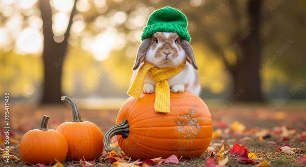 Naklejka premium Rabbit sits on orange pumpkin, wearing green hat and yellow scarf, surrounded by autumn leaves, representing harvest and festive autumn spirit