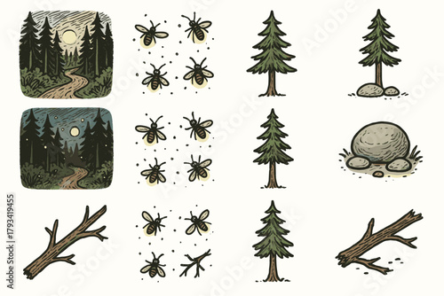 Forest stone fallen trail vector light branch evening river icon icons pine