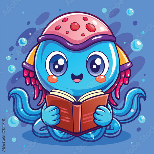 Cute blue sea creature with large eyes reading a fascinating book