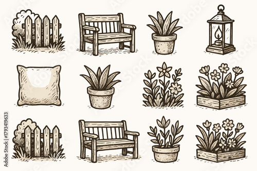 Lantern icons bed rustic plant flower wooden vector garden pillow icon bench
