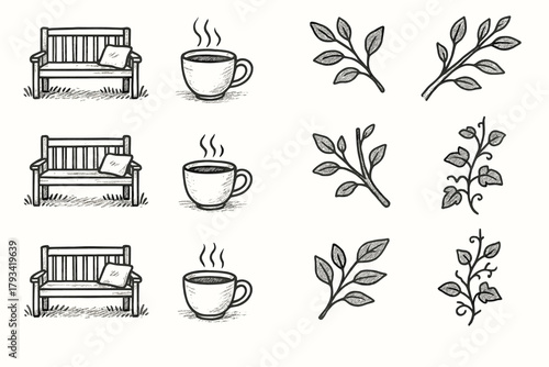 Peaceful retreat icons tree vector cushion branch garden vines icon bench cup
