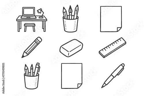 Paper ruler minimalist pen workspace vector cup eraser pencil icon icons