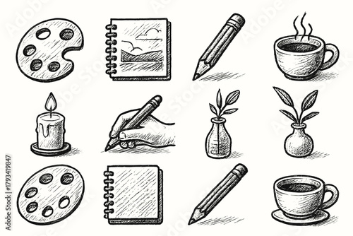 Plant coffee cup sketchbook vector set icon candle mood vase artistic
