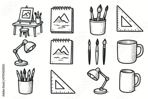 Icon corner rough mug desk vector brushes sketchpad lamp ruler artistic