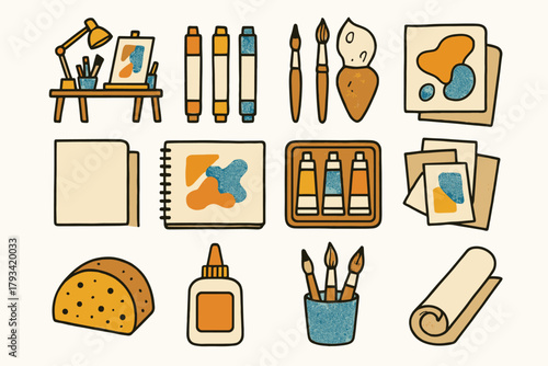 Sponge paper markers icons brushes mixed vector glue desk atelier media roll