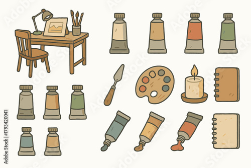 Vector paint sketchbook atelier candle palette icons knife home icon tubes creative