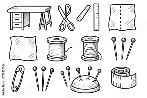 Pins icon atelier fabric thread home table piece vector icons craft ruler