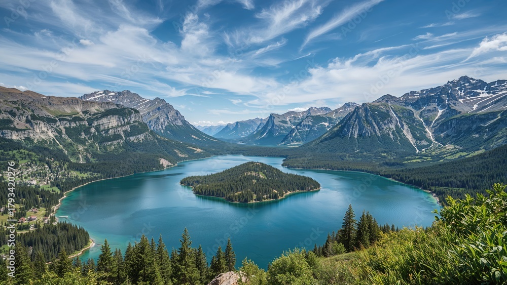 Naklejka premium Panoramic view of a mountain lake with surrounding forested mountains and a clear blue sky with clouds.