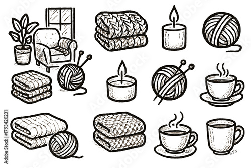 Candle vector icon set home knitting teacup scene yarn relaxing ball folded