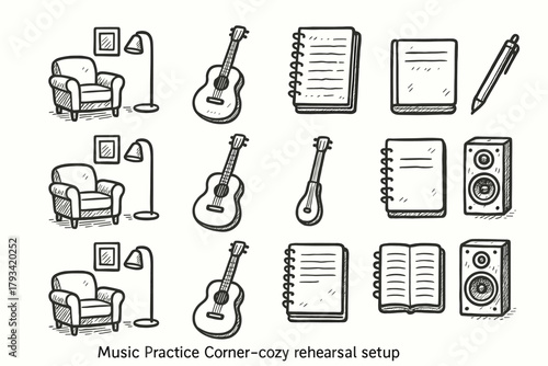 Icon pen cozy rehearsal setup speaker pencil music notebook vector guitar set