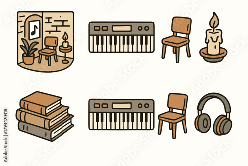 Icons headphone space vector chair practice books candle warm keyboard music icon