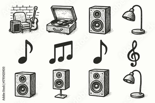 Rehearsal vinyl vintage music zone speaker notes player icon set lamp vector