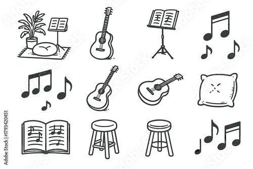 Notes peaceful setup pillow vector stool icon guitar icons music stand practice