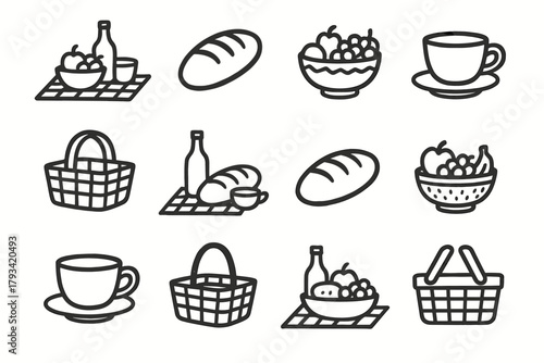Outdoor bread teacup vector icon meal fruit set picnic loaf bowl basket