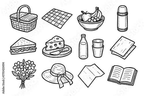 Cups checkered icon sun set thermos vector picnic bottle blanket juice sandwich