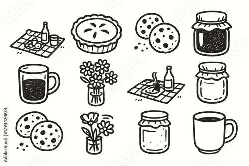 Flowers meal icons mug weekend essentials icon outdoor jar picnic pie vector