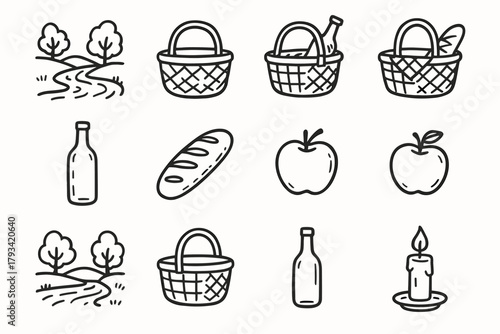 Bread set picnic basket moment apples candle minimal riverside icon vector bottle