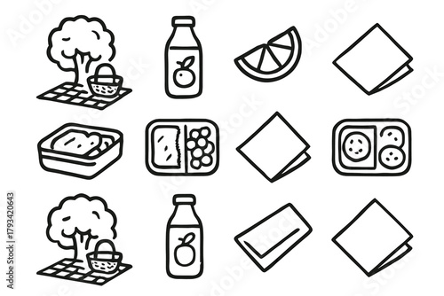 Icon slice box napkin set picnic fruit park vector setup bottle juice