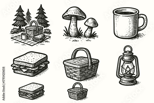 Mushrooms set mug vector icon sandwich picnic scene basket lantern forest