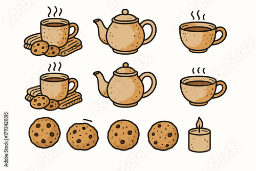 Cup time icon ceramic candle teapot vector cookies tea cozy icons