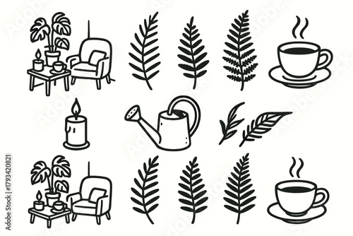 Tea can icons vector candle icon decor corner tranquil cup plant watering