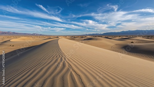 Fototapeta Naklejka Na Ścianę i Meble -  Desert landscape with sand dunes and sky, showing wind-shaped patterns and distant mountains.