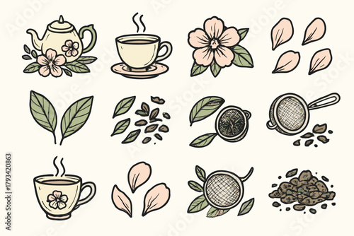 Icon petals flower setup vector strainer leaves tea teacup floral