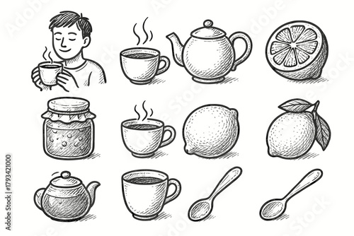 Cup icons tea vector spoon ritual teapot honey icon time lemon morning