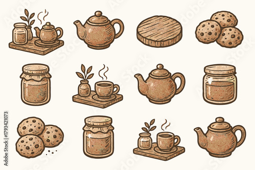 Rustic icons cookies clay icon corner coaster teapot wooden tea jar vector