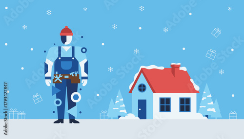 Winter repair service Worker stands by a snowy house with festive gifts falling